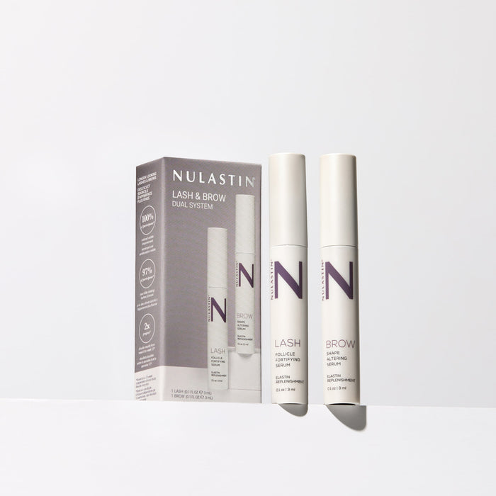 Front view of NULASTIN Lash & Brow Dual System showing two white serum tubes and product box on white background