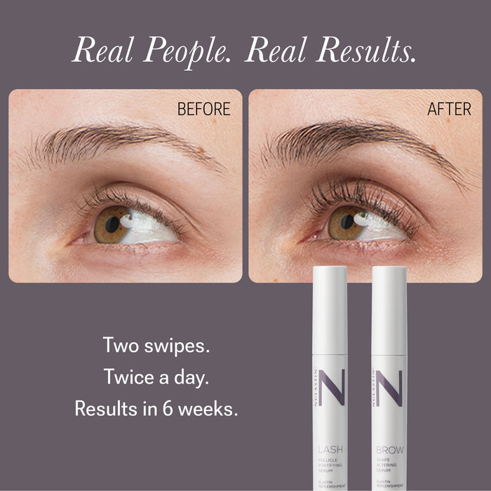Front view of Lash & Brow Dual System showcasing two 0.13 fl oz (3 ml) serum tubes and branded box on white background