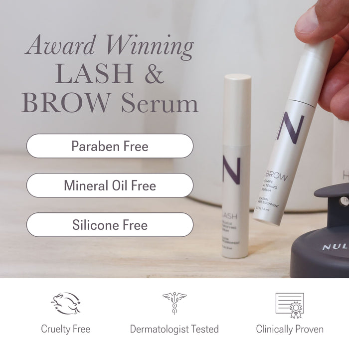 Promotional banner showing award‑winning Lash & Brow serum with callouts 'Paraben Free', 'Mineral Oil Free', 'Silicone Free' and two product tubes