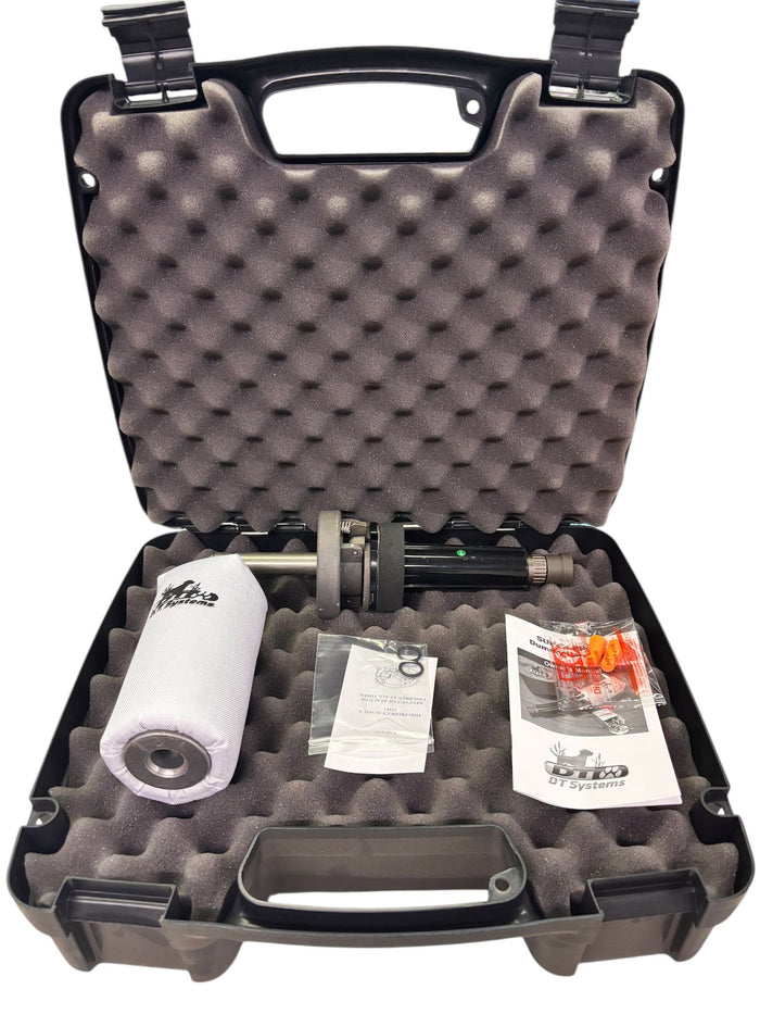 Black foam-lined case with a dummy launcher in it on a white background