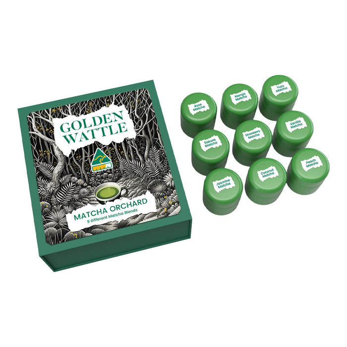 Box of Golden Wattle Matcha Orchard containing 9 different flavours of matcha tea