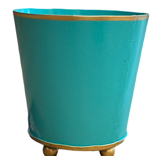 turquoise metal cachepot, 4 inch round planter, Mattie turquoise planter, small metal flower pot, colorful indoor cachepot, chic storage container, utensil holder planter, durable decorative planter, metal herb pot, pop of color home accent