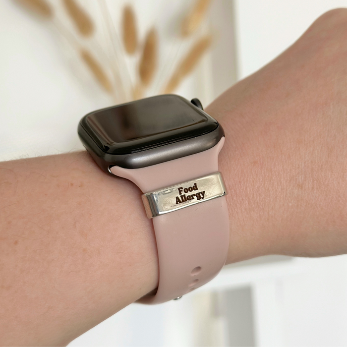 Coconut Lane Medical Watch Strap Charm on a pink smartwatch band, text reads Food Allergy.