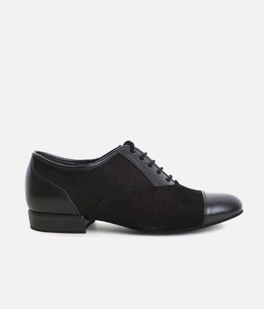 Premium Men’s Dance Shoes 077 - Black Leather & Suede with Pinstripe Design
