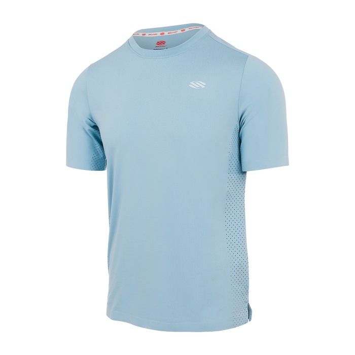 Light blue athletic short sleeve shirt with mesh side panels