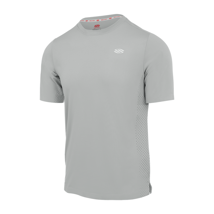 Light gray athletic short sleeve shirt with mesh side panels
