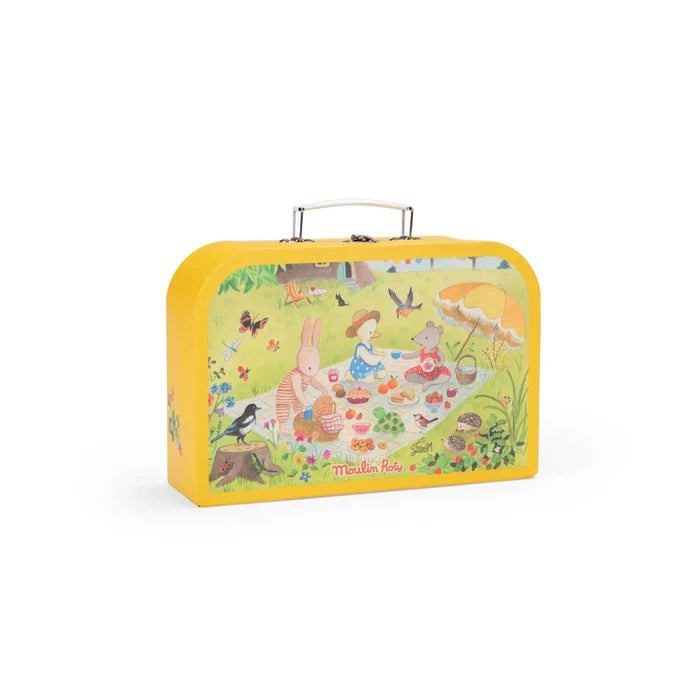 Yellow children's suitcase with a colorful animal design on a white background