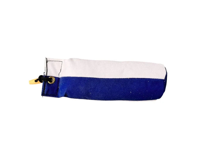Blue and white traditional dummy with toggle on a white background