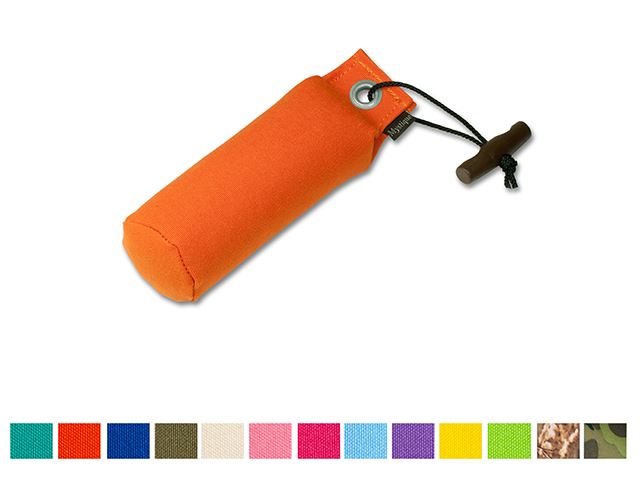 Orange cylindrical gundog dummy with a plastic toggle on a white background