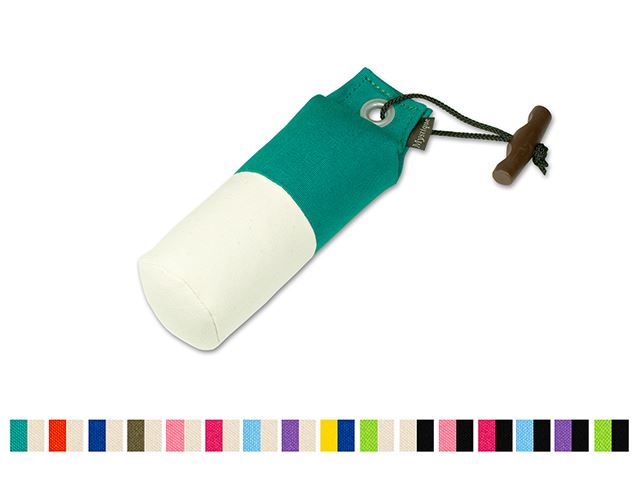 Teal and white gundog dummy with a plastic toggle on a white background