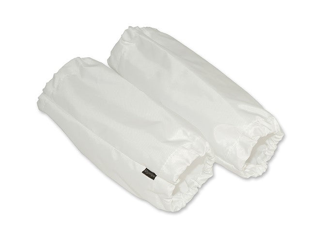 White forearm sleeves with a brand label on a white background