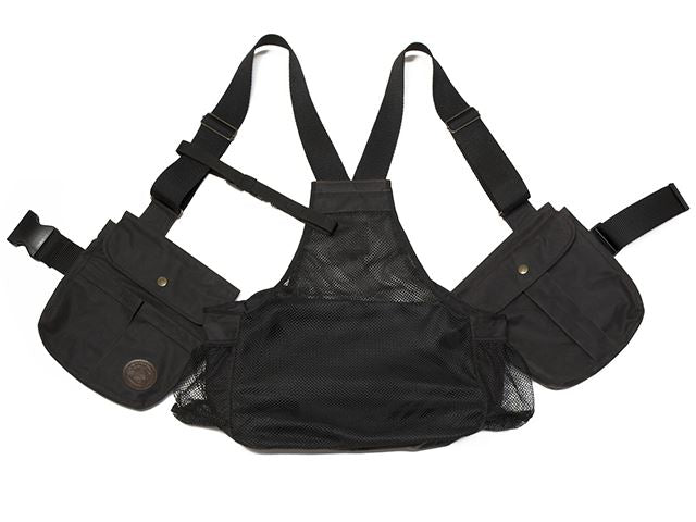 Brown waxed gundog training vest with multiple pockets and straps on a white background
