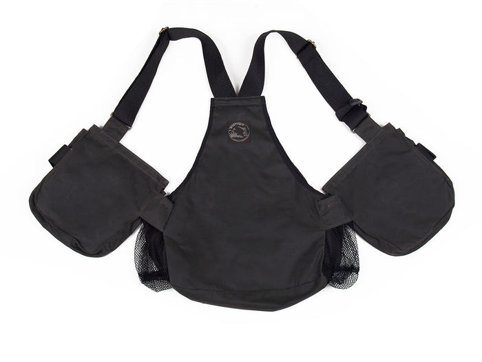 Brown waxed gundog training vest with multiple pockets and straps on a white background