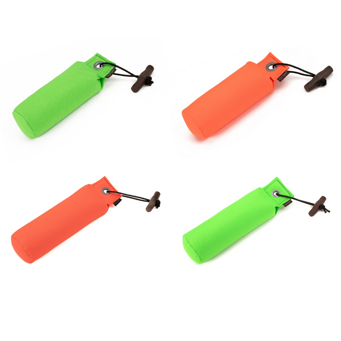 reflex orange and green gundog dummy on white background