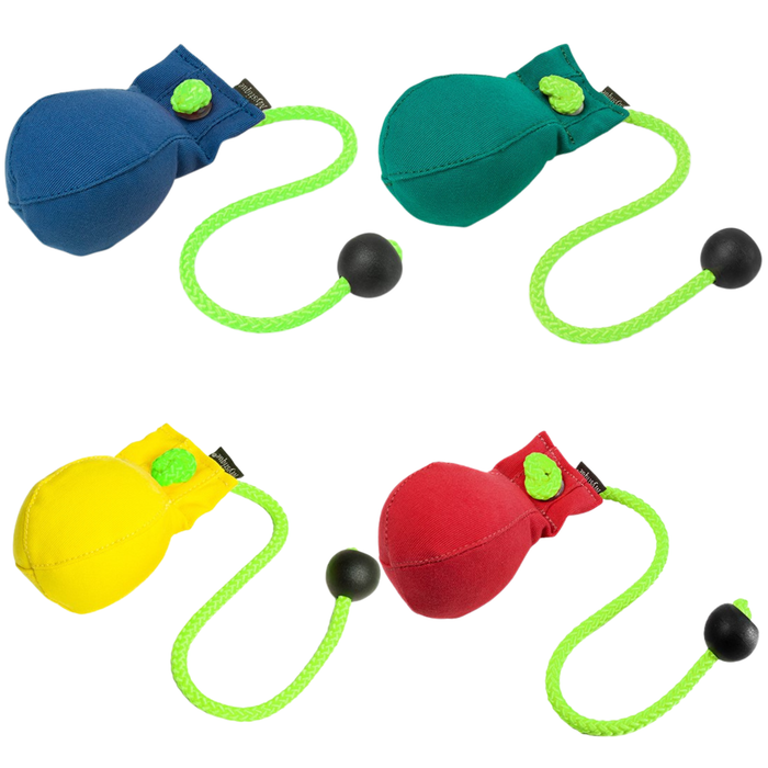 Four dummy balls arranged on a white background, each with a soft fabric ball in blue, green, yellow, and red, attached to a bright green rope and black toggle