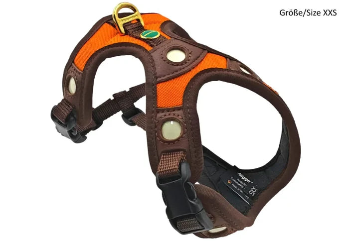 Dog harness with brown and orange design on a white background