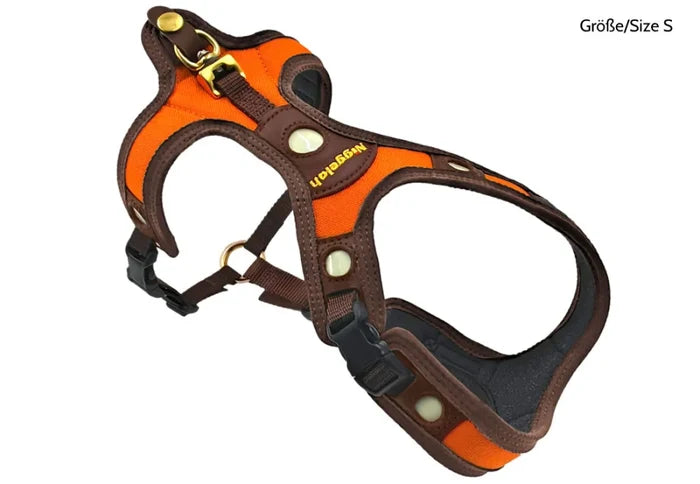 Dog harness with brown and orange design on a white background