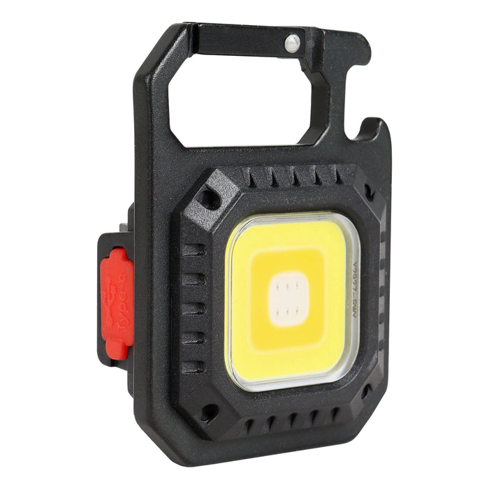 Black portable work light with yellow LED on a white background