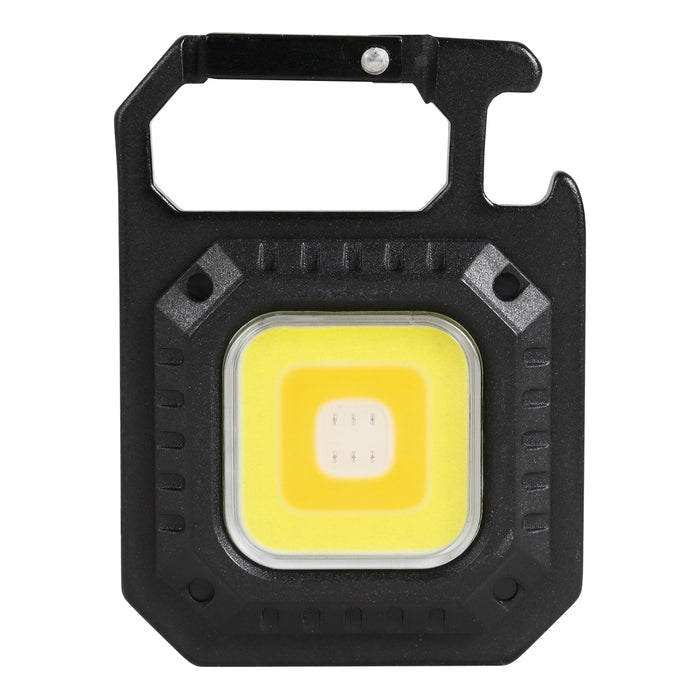Black portable light with yellow LED component on a white background