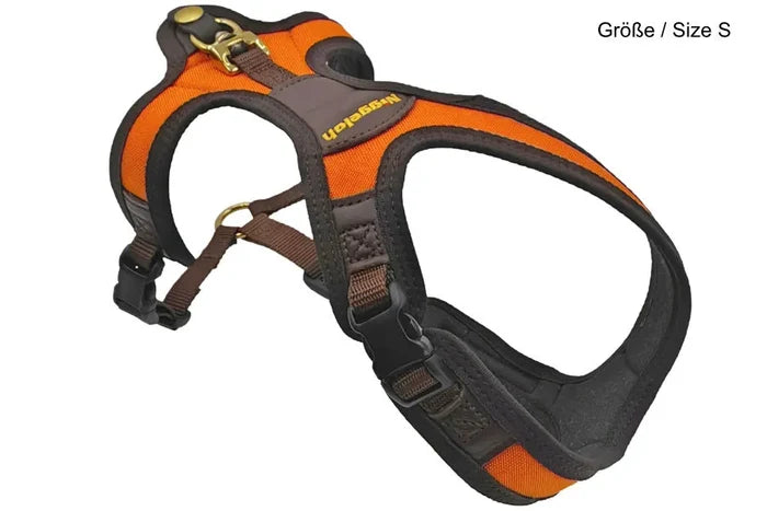 Orange and brown dog harness on a white background