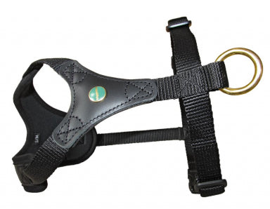 A black Niggeloh Follow Start Harness for dogs, featuring quick release snaps and an adjustable belly strap.