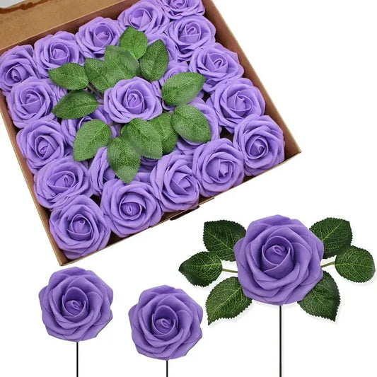 NNETM 25-Piece Realistic Purple Artificial Roses with Stems-0