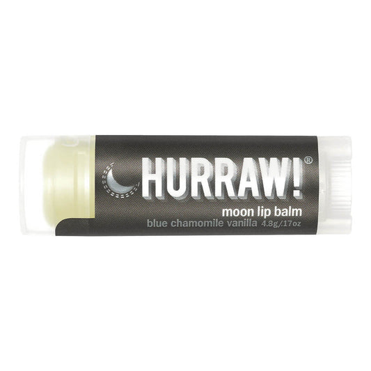 Tube of blue chamomile vanilla organic lip balm suitable to use in the evening.