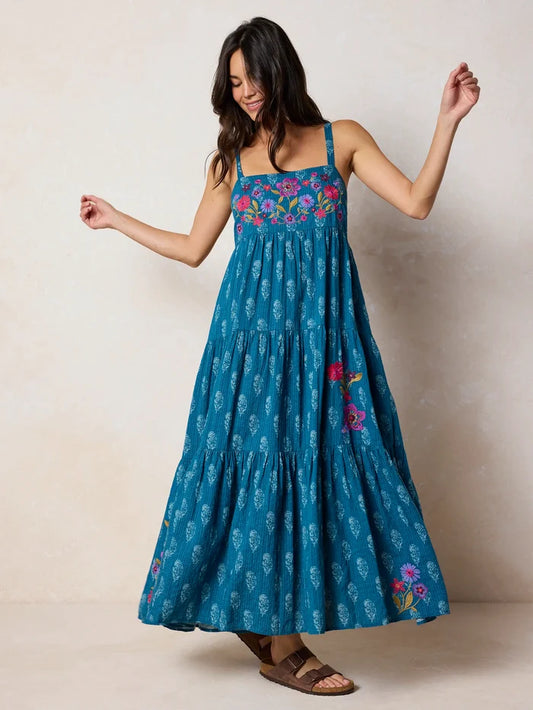 Patricia Embroidered Maxi Dress - Block Stamp Indigo-view 1