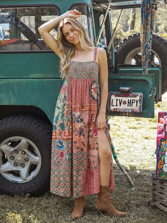Patti Side Slit Cotton Maxi Dress - Patchwork Medallion Floral-view 1