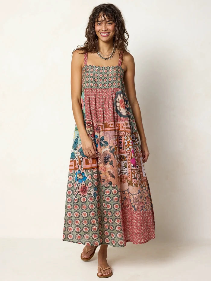 Patti Side Slit Cotton Maxi Dress - Patchwork Medallion Floral-view 4