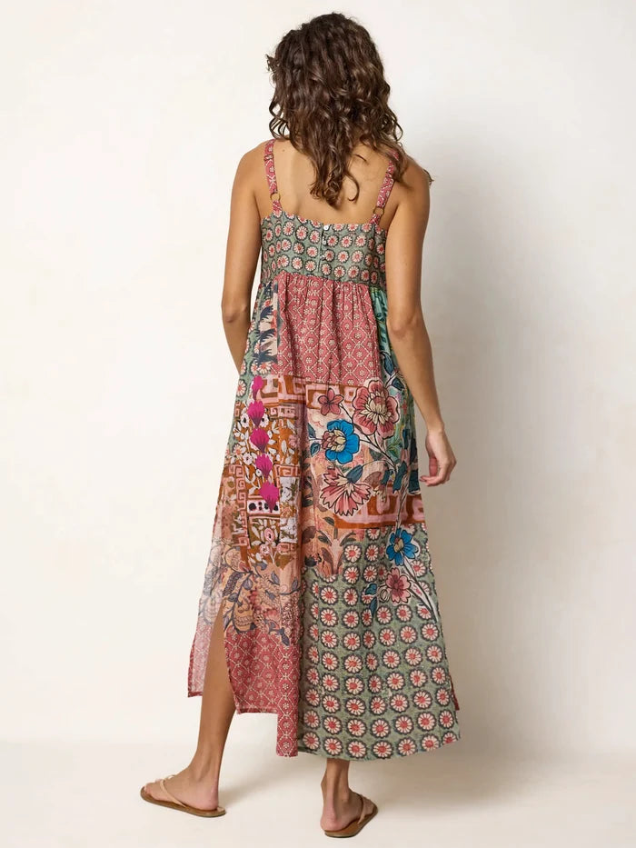 Patti Side Slit Cotton Maxi Dress - Patchwork Medallion Floral-view 7