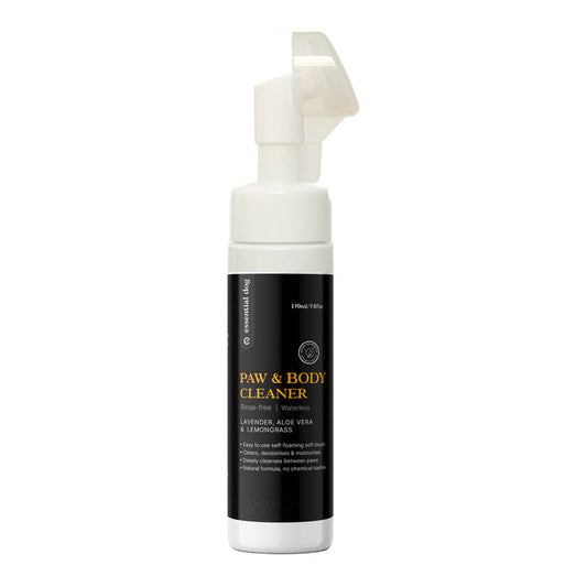 Paw and body cleaner bottle with black label on a white background.