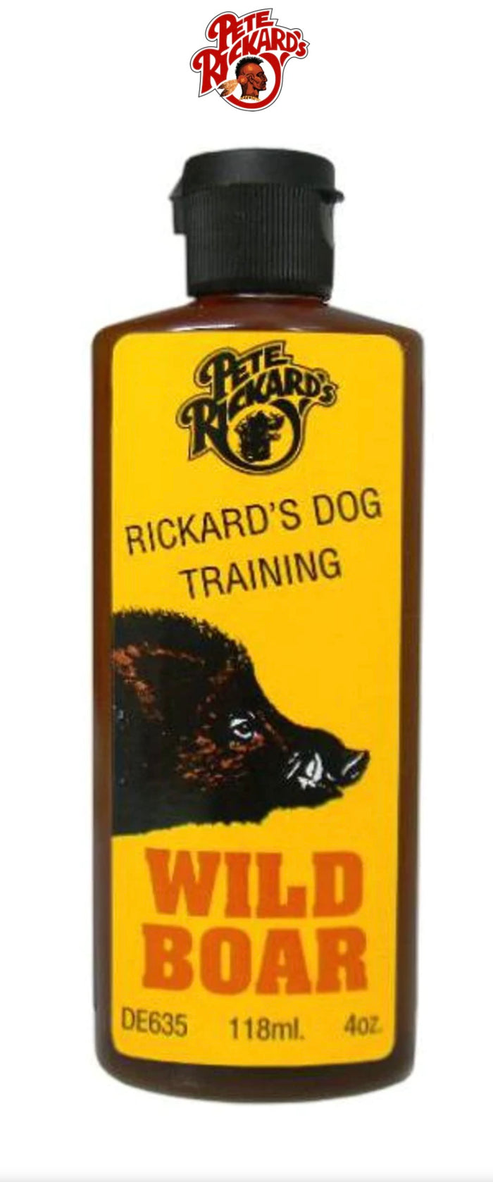 A bottle of Pete Rickards Wild Boar scent with a label featuring an image of a boar and the text 'Wild Boar' and '118ml'.