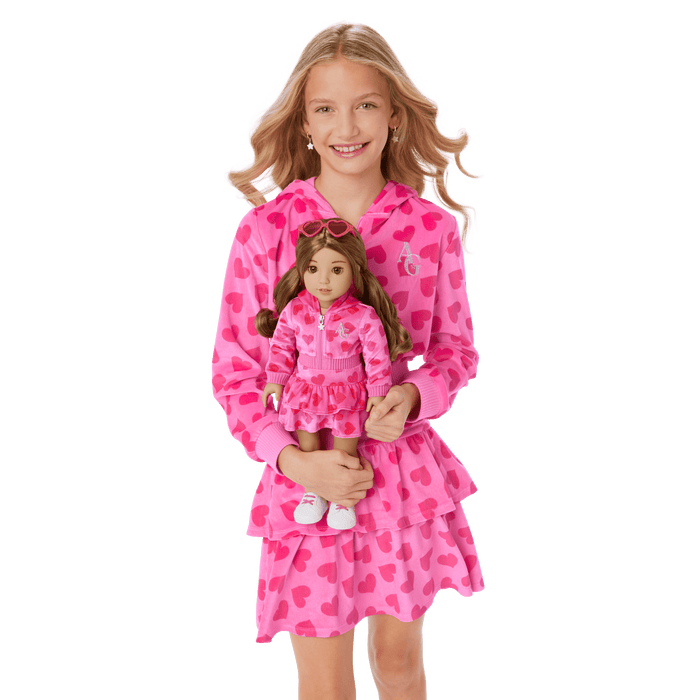 Pink Hearts Hoodie Dress for Girls & 18-inch Dolls