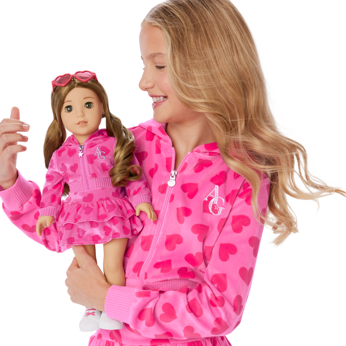 Pink Hearts Hoodie Dress for Girls & 18-inch Dolls