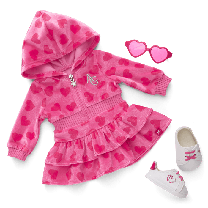 Pink Hearts Hoodie Dress for Girls & 18-inch Dolls