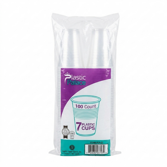 Pack of Plastic Palace plastic cups with a clear bag on a white background