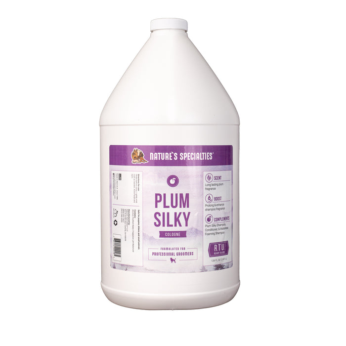 128 oz bottle of Nature's Specialities Plum Silky Cologne cat and dog cologne.