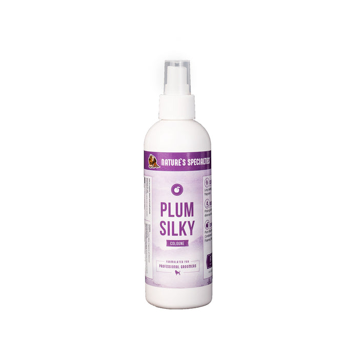 8 oz. bottle of Nature's Specialities Plum Silky Cologne cat and dog cologne.
