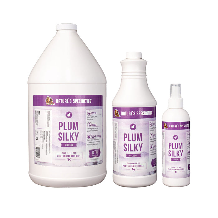Three different size bottles of Nature's Specialties Plum Silky Cologne cat and dog cologne scents.