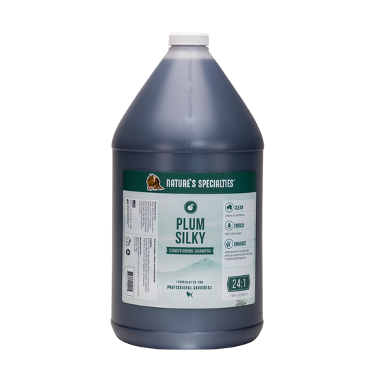 Nature's Specialties Plum Silky Conditioning Shampoo for dogs & cats, 128oz gallon size bottle.