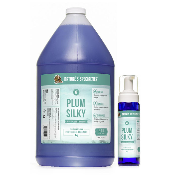 128 oz & 7.5 oz size bottles Nature's Specialties Plum Silky Waterless Foamer for pets.