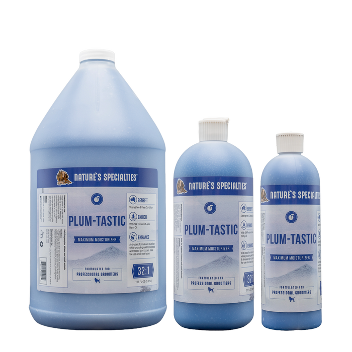 3 bottles of various sizes of Nature's Specialties Plum-Tastic Maximum Moisturizer for dogs & cats.