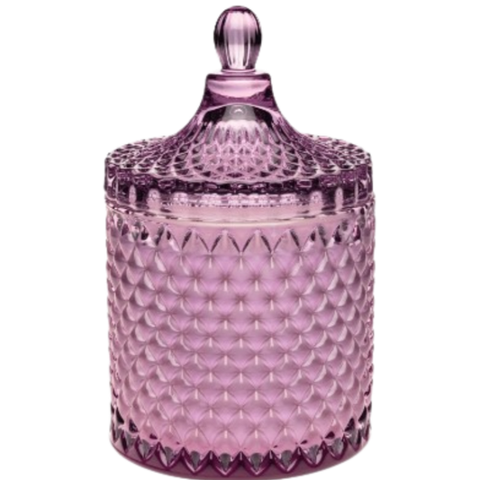 vanilla orchid cedarwood candle, floral woodsy candle, 2-wick luxury candle, purple glass candle with lid, amber musk candle scent, elegant lidded candle, cedar and vanilla home fragrance, reusable glass candle jar, warm floral scented candle, orchid musk balsam candle
