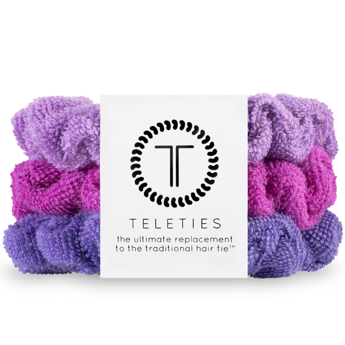 TELETIES, terry cloth scrunchies, wet hair, dry hair, frizz-free hair, post-swim, shower hair accessory, beach hair, hair care, soft hair tie, purple scrunchies, pink scrunchies, secure hold, hair breakage prevention, hair care accessory.