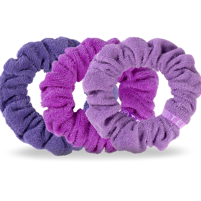 TELETIES, terry cloth scrunchies, wet hair, dry hair, frizz-free hair, post-swim, shower hair accessory, beach hair, hair care, soft hair tie, purple scrunchies, pink scrunchies, secure hold,