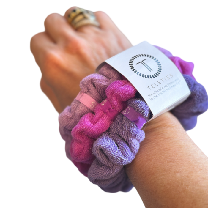 TELETIES, terry cloth scrunchies, wet hair, dry hair, frizz-free hair, post-swim, shower hair accessory, beach hair, hair care, soft hair tie, purple scrunchies, pink scrunchies, secure hold,