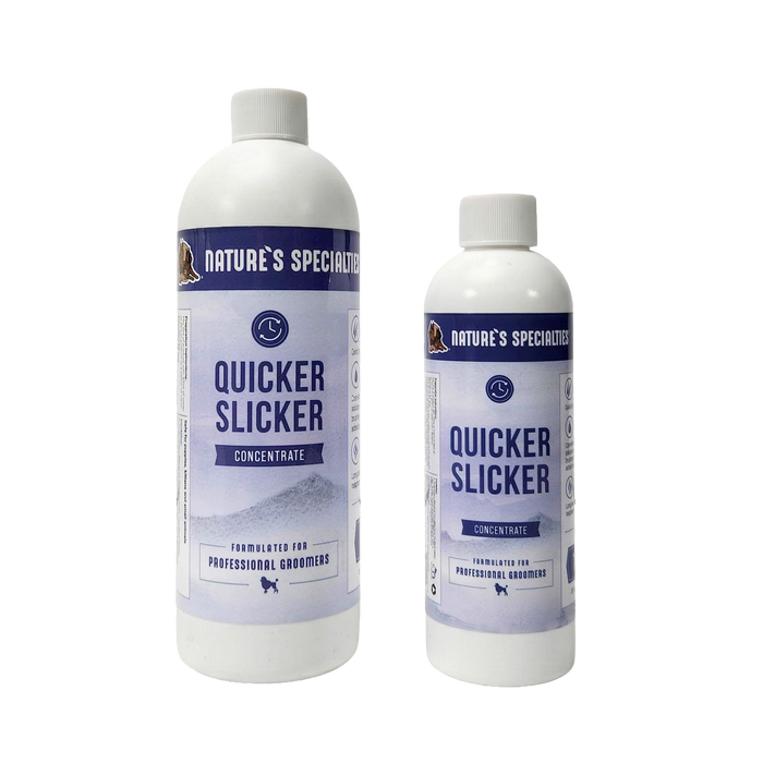 Two bottles of Nature's Specialties Quicker Slicker Concentrate on a white background