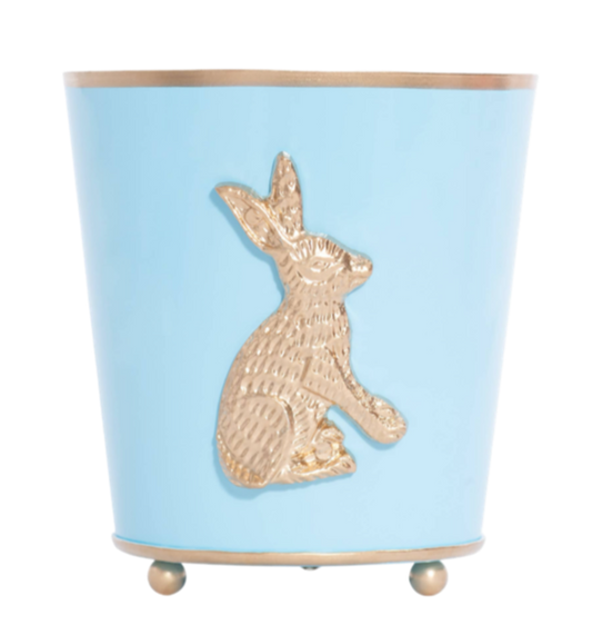 Regency rabbit cachepot, light blue metal planter, decorative rabbit planter, 6 inch round cachepot, chinoiserie inspired flower pot, elegant bunny planter, durable indoor plant holder, whimsical kitchen organizer, grandmillennial decor pot, charming floral cachepo