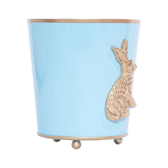 Regency rabbit cachepot, light blue metal planter, decorative rabbit planter, 6 inch round cachepot, chinoiserie inspired flower pot, elegant bunny planter, durable indoor plant holder, whimsical kitchen organizer, grandmillennial decor pot, charming floral cachepo